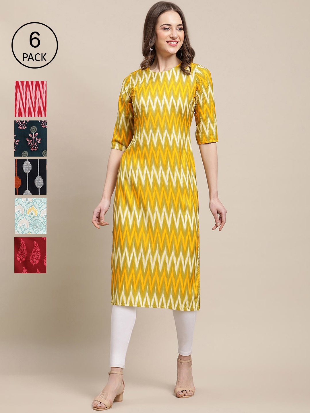 

7Threads Women Pack of 6 Geometric Printed Summer Sheers Crepe Kurta, Yellow
