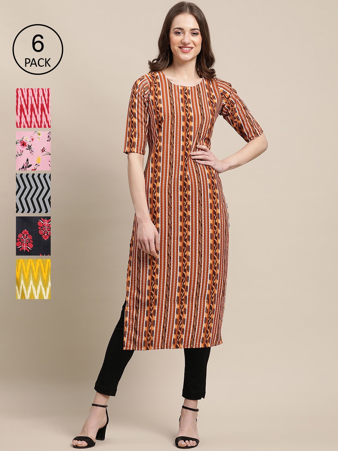 

7Threads Women Pack Of 6 Printed Summer Sheers Crepe Kurta, Red