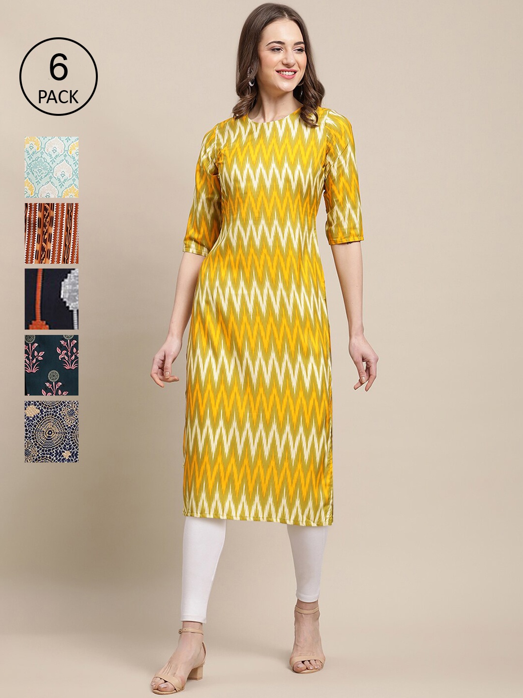 

7Threads Women Pack Of 6 Summer Sheers Crepe Kurta, Mustard