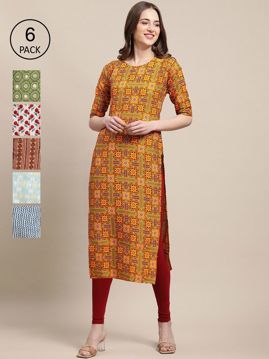 

7Threads Women Yellow & Green Pack Of 6 Geometric Printed Crepe Kurtas