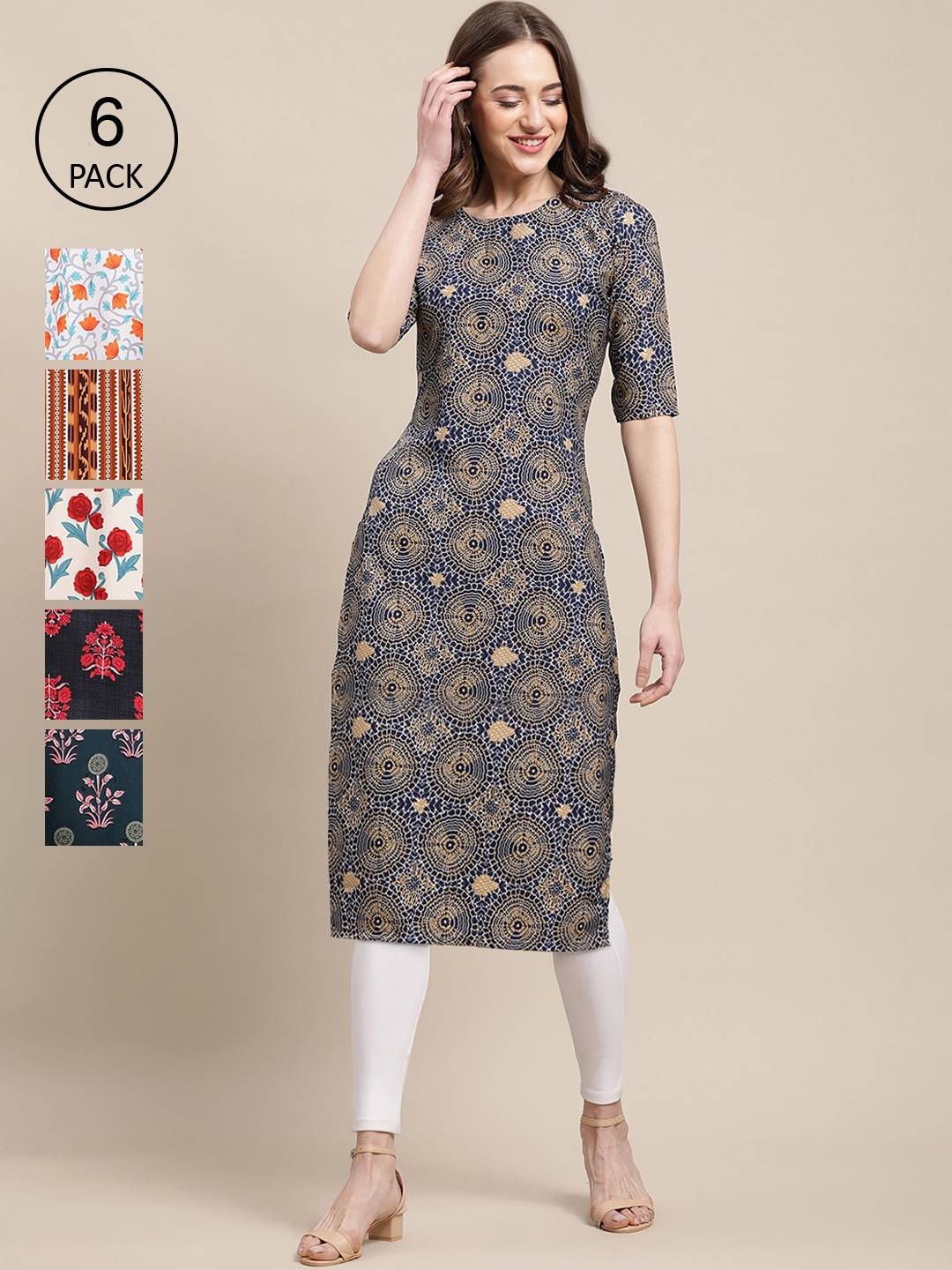 

7Threads Women Blue & Red Pack Of 6 Geometric Printed Crepe Kurtas