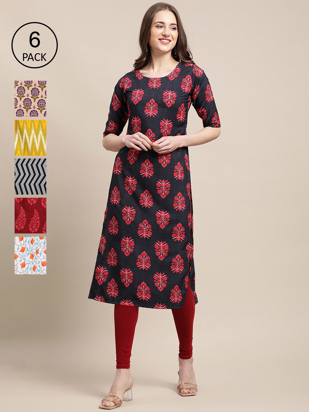 

7Threads Pack Of 6 Women Printed Crepe Kurta, Black