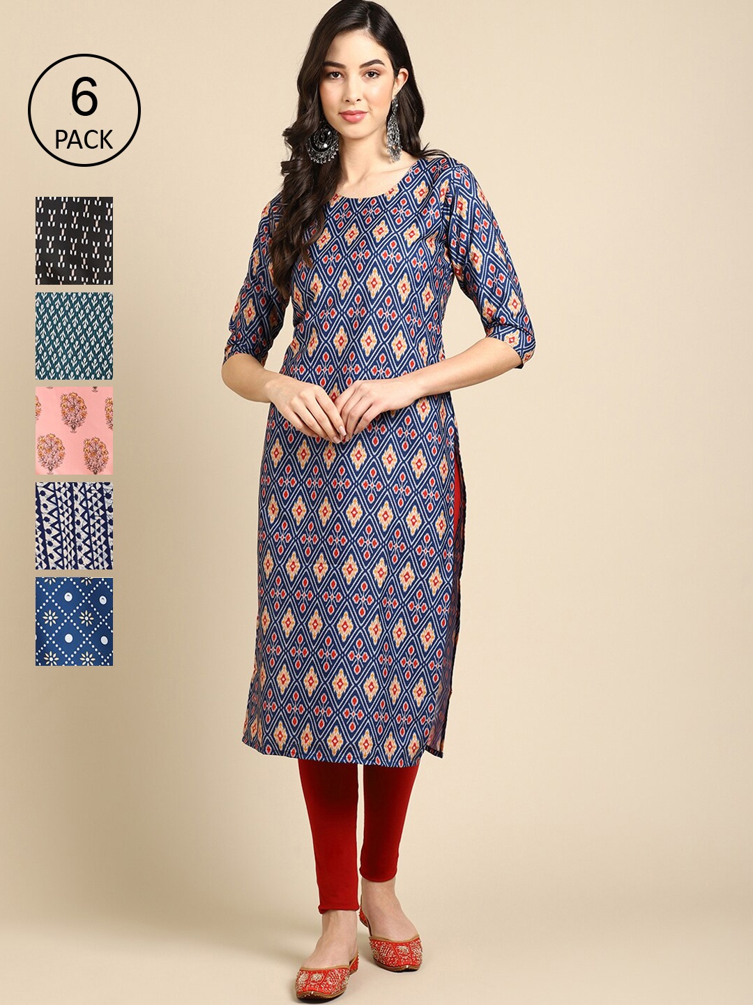 

7Threads Pack of 6 Women Printed Straight Crepe Kurta, Multi