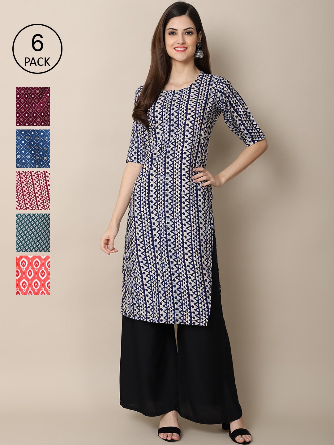 

7Threads Women Pack Of 6 Multicoloured Geometric Printed Summer Sheers Crepe Kurta, Multi