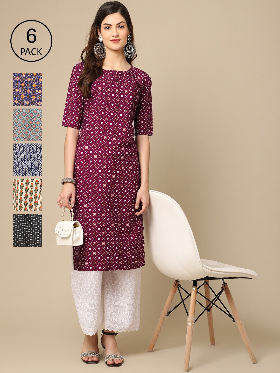 

7Threads Women PACK OF 6 Magenta & Pink Geometric Crepe Kurta