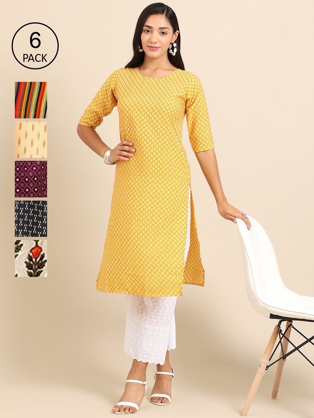 

7Threads Women Yellow & Beige Printed Crepe Kurta