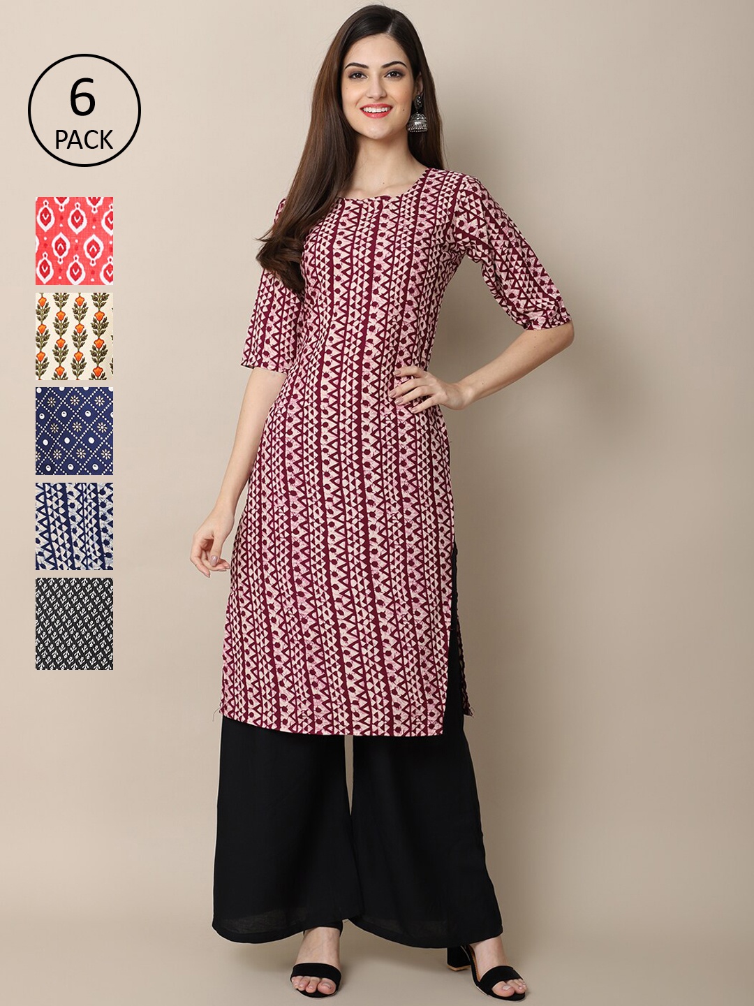 

7Threads Women Set Of 6 Pink & Blue Floral Printed Crepe Kurta