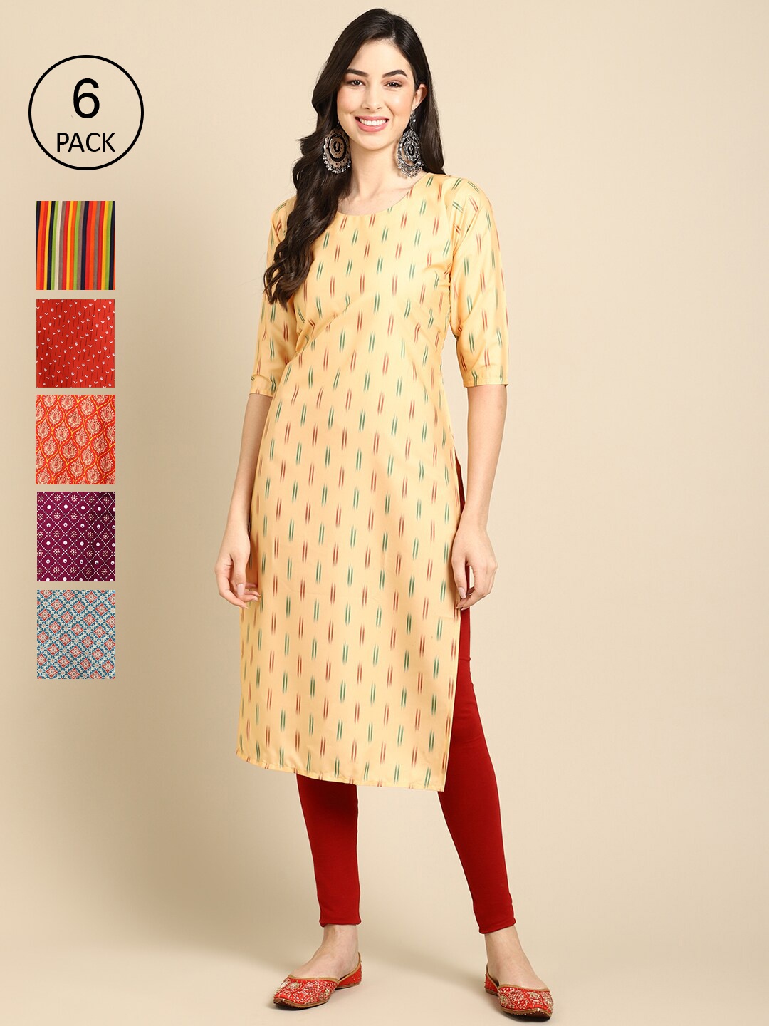 

7Threads Women Pack Of 6 Beige & Red Geometric Printed Crepe Kurta