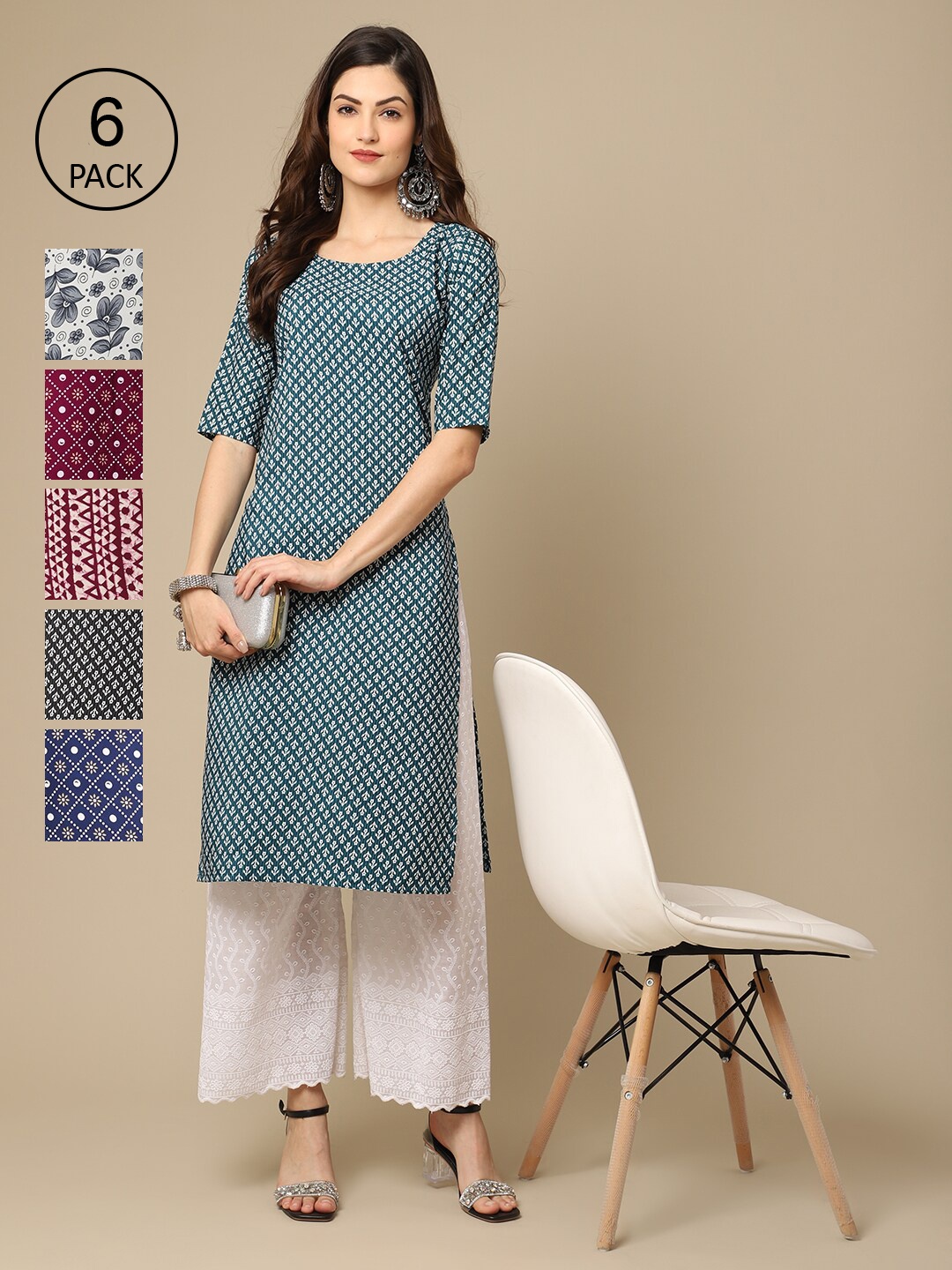 

7Threads Women Pack of 6 Printed Crepe Kurta, Teal