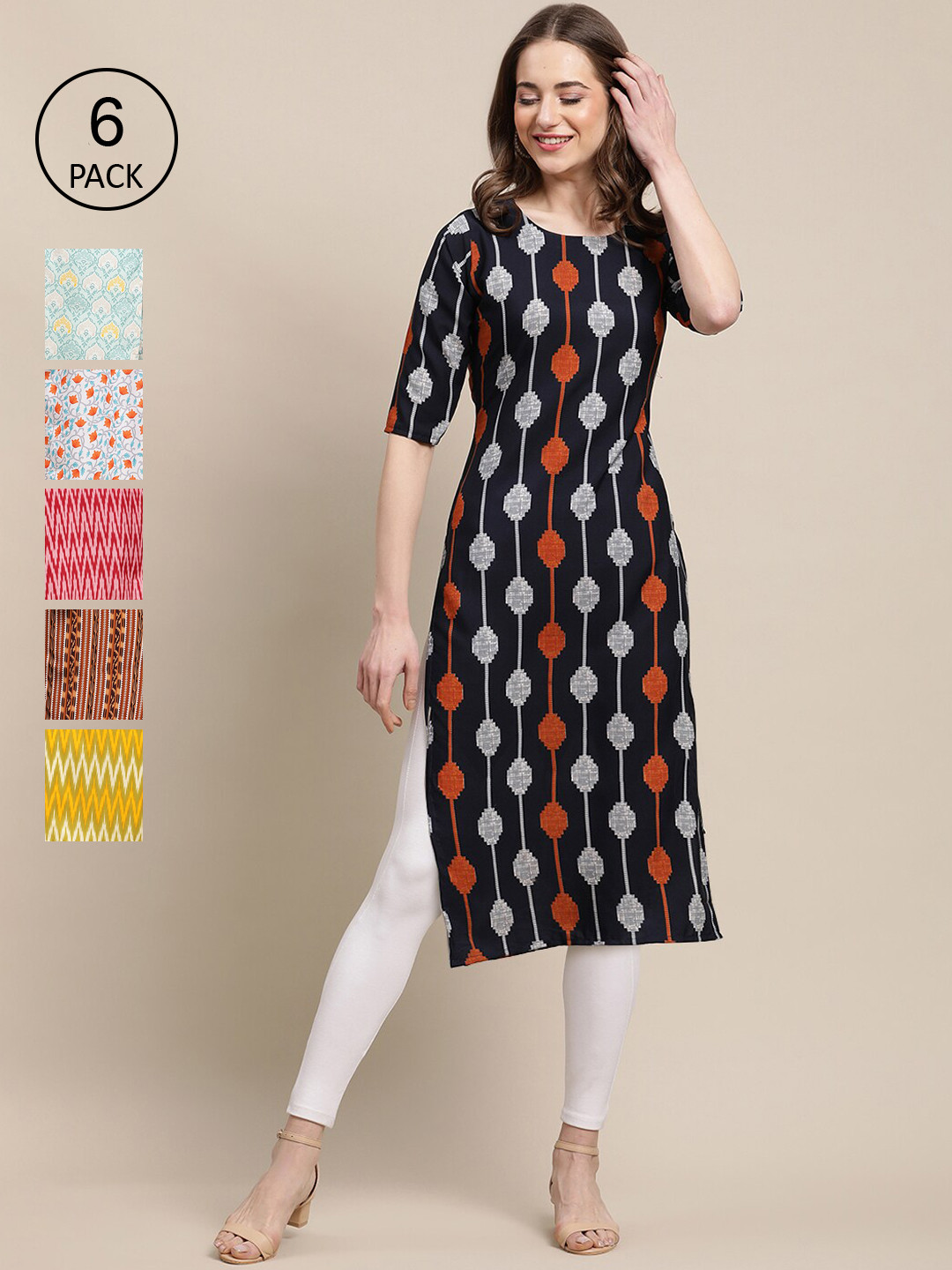 

7Threads Women Pack of 6 Printed Crepe Kurta, Black
