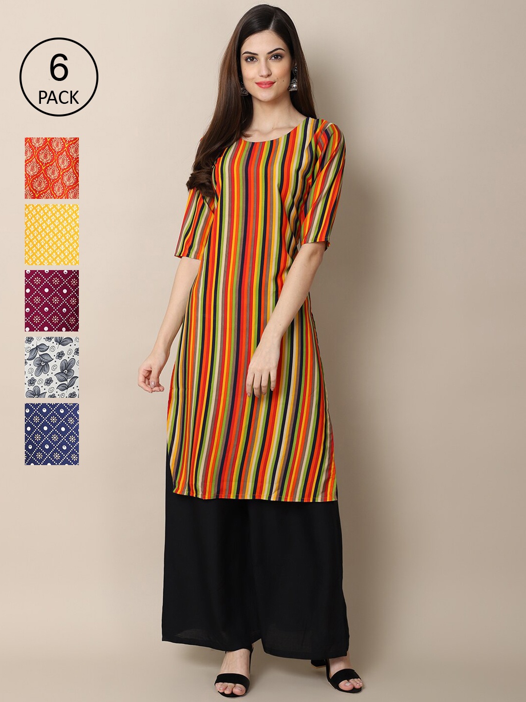

7Threads PACK OF 6 Orange & Burgundy Ethnic Motifs Printed Summer Sheers Crepe Kurta