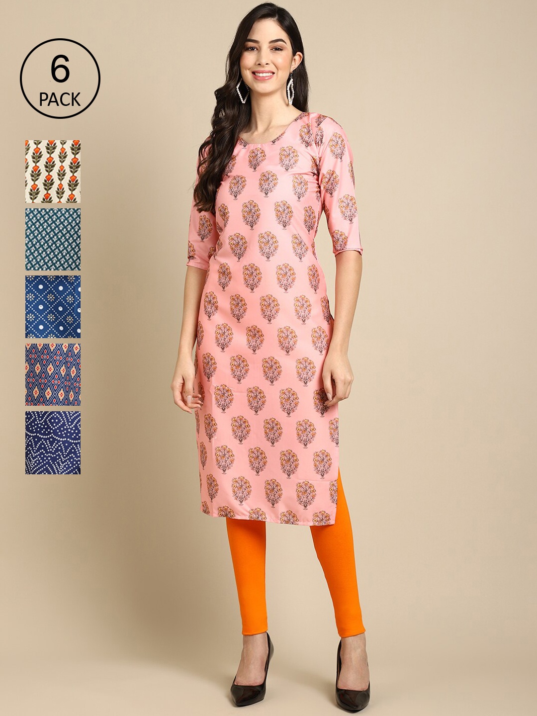 7Threads PACK OF 6 Women Ethnic Motifs Printed Summer Sheers Crepe Kurta, Blue