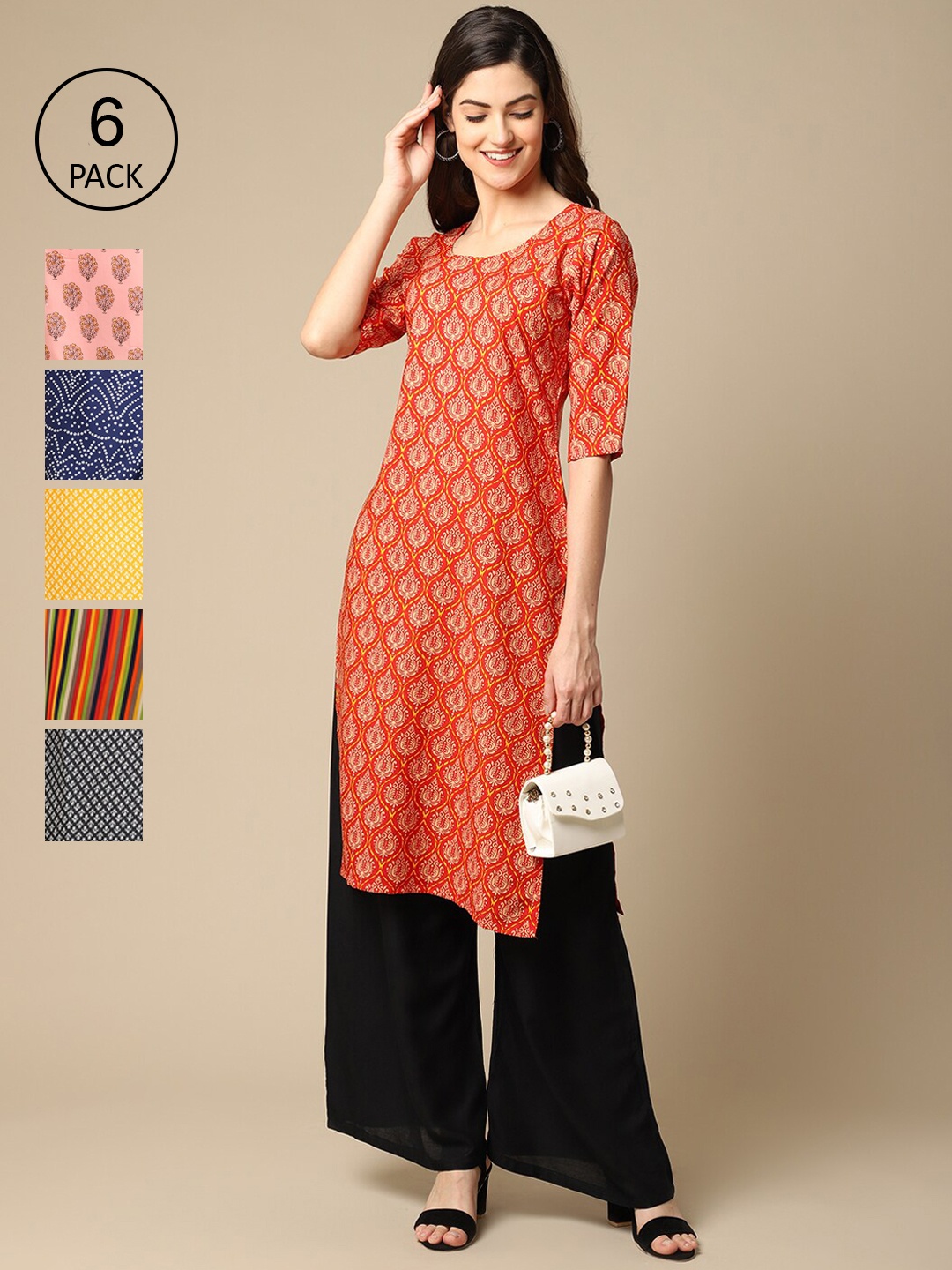 

7Threads Women Pack of 6 Printed Crepe Kurtas, Orange