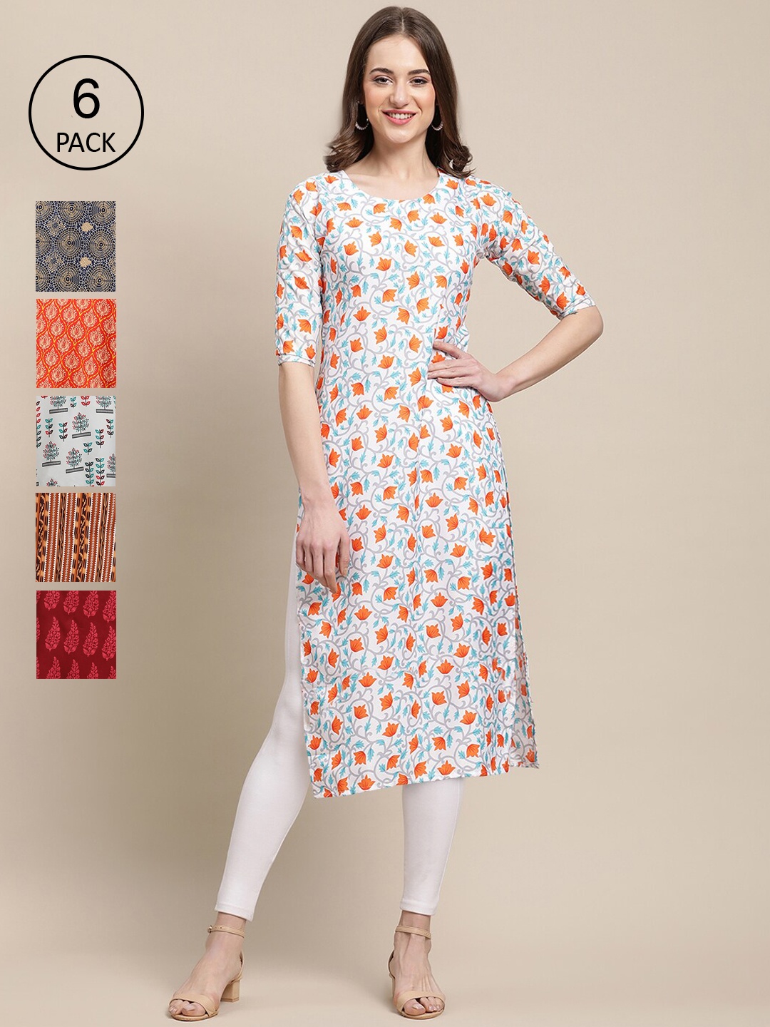 7Threads Women Pack Of 6 Printed Summer Sheers Crepe Kurta, Maroon