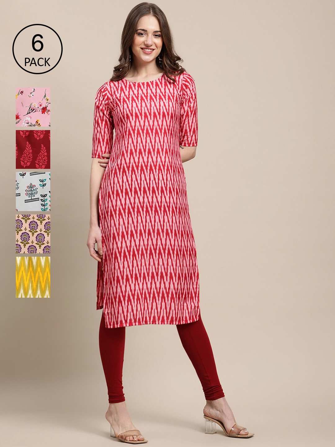 

7Threads Women Pack Of 6 Printed Summer Sheers Crepe Kurta, Red