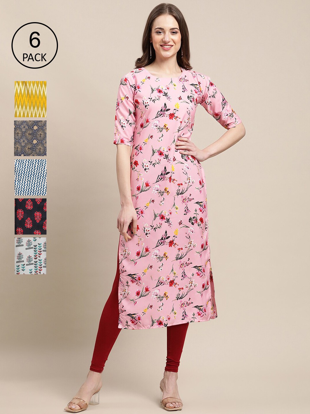 

7Threads Women Pack Of 6 Printed Summer Sheers Crepe Kurta, Pink