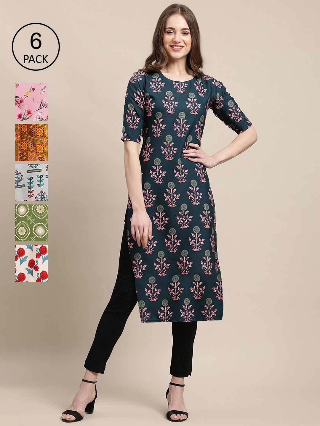 

7Threads Women Pack of 6 Ethnic Motifs Printed Summer Sheers Crepe Kurta, Blue