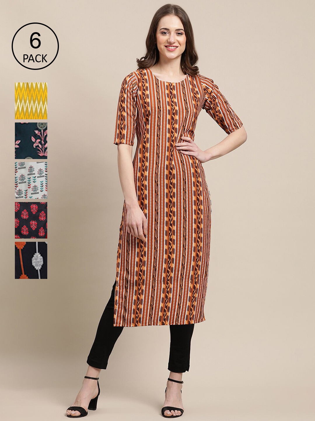 

7Threads Women Printed Summer Sheers Crepe Kurta Pack of 6, Brown