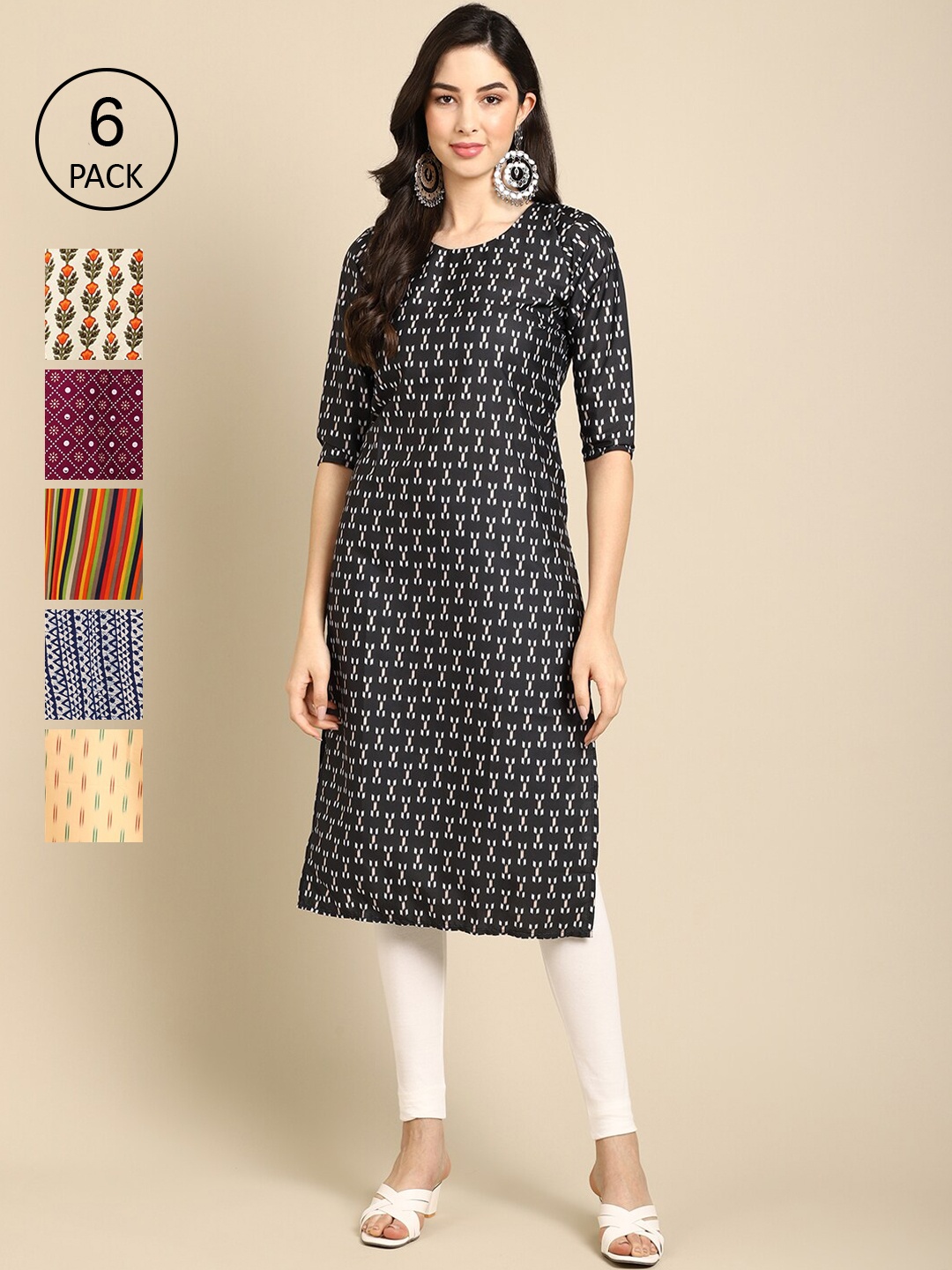 

7Threads Women Pack Of 6 Geometric Printed Crepe Kurta, Multi