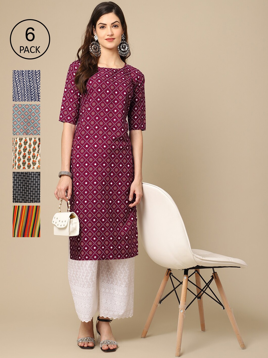 

7Threads Women Pack Of 6 Geometric Printed Thread Work Block Print Crepe Kurta, Maroon