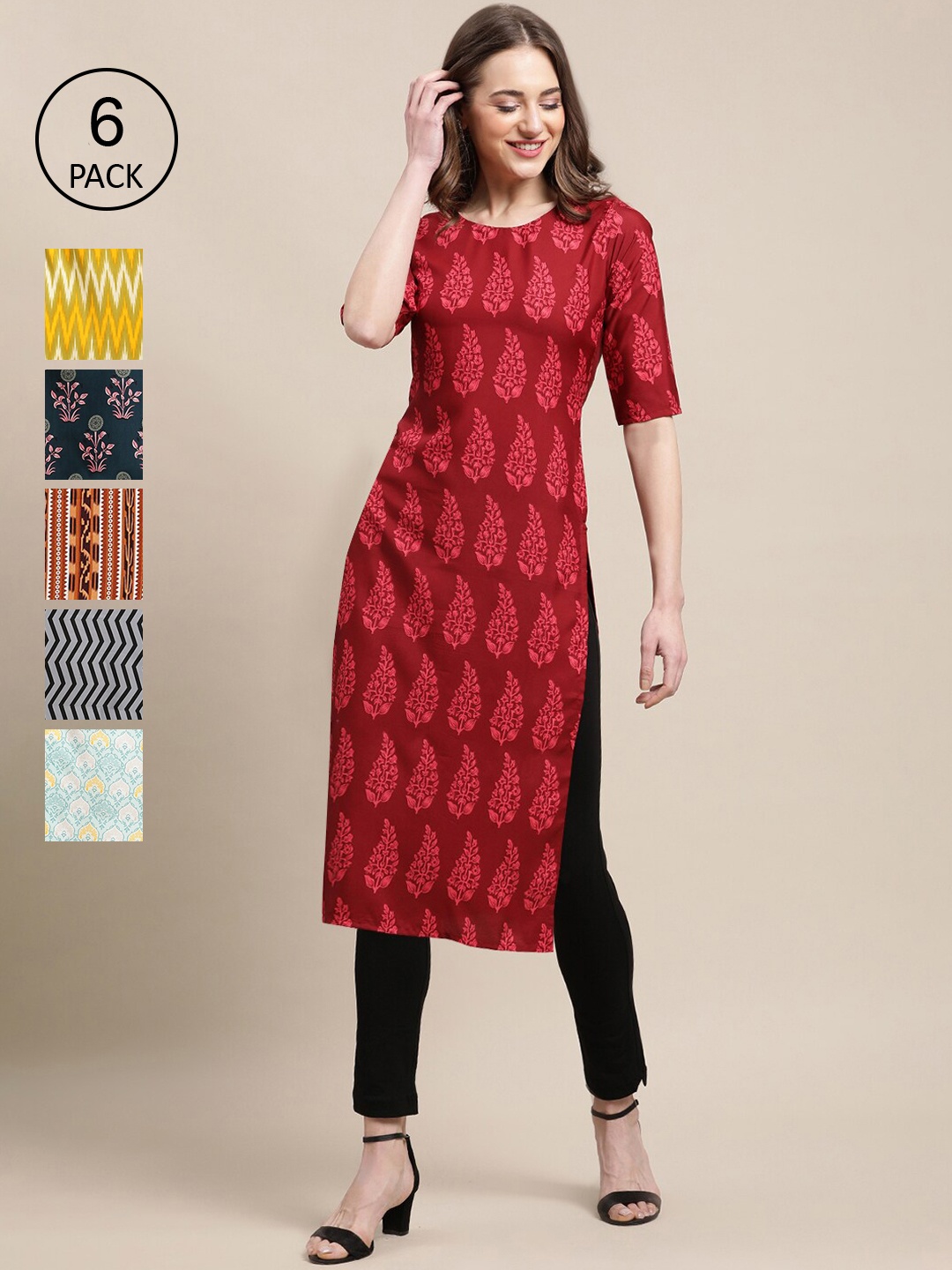 

7Threads Women's Crepe Multi Color Digital Printed Straight Kurta [PACK OF 6]