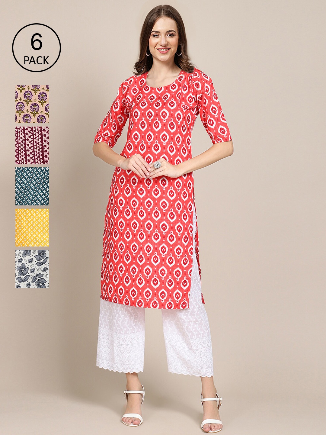 

7Threads Women Pack of 6 Ethnic Motifs Printed Crepe Kurta, Multi
