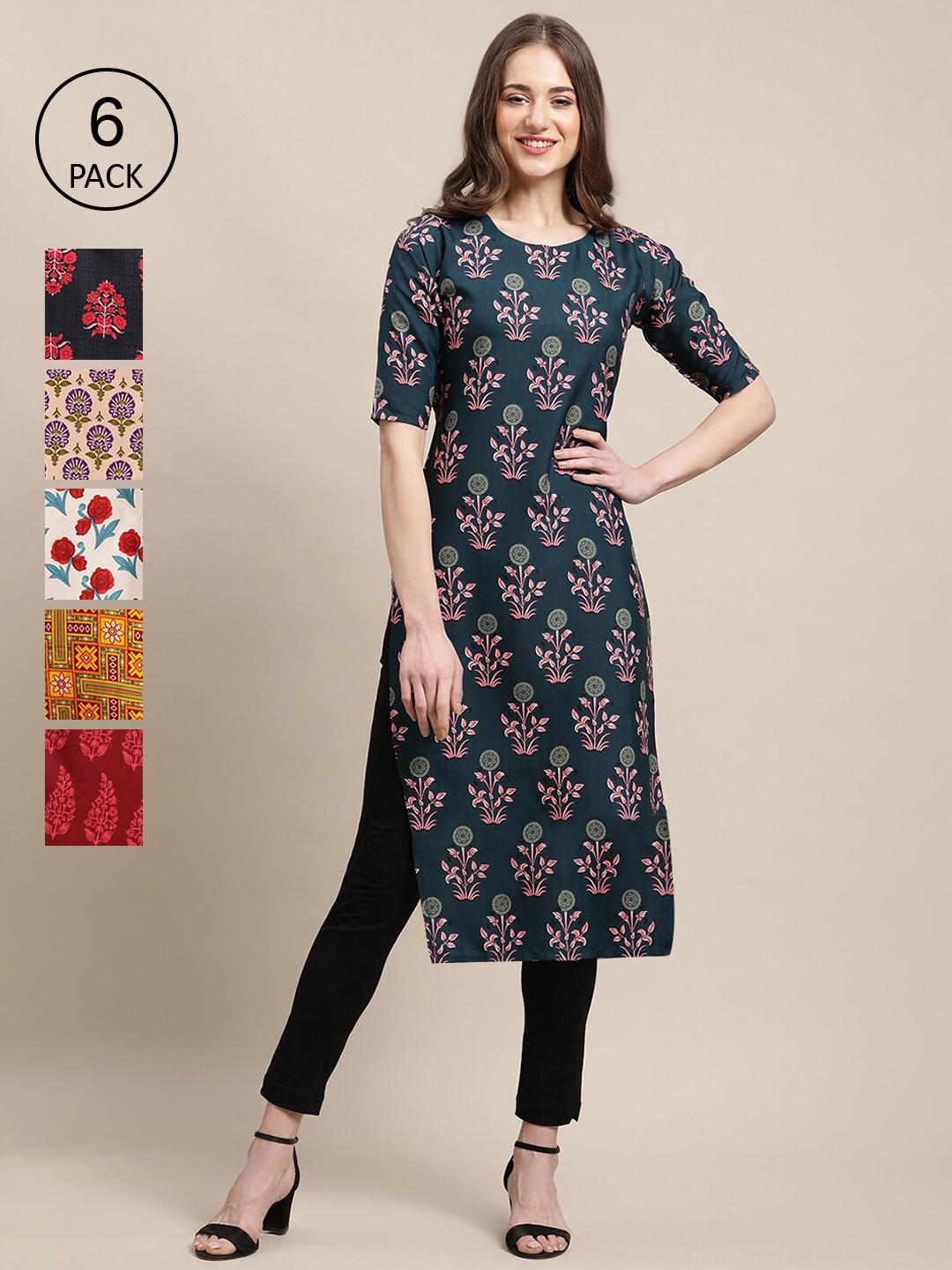 

7Threads Women Pack of 6 Ethnic Motifs Printed Crepe Kurta, Multi