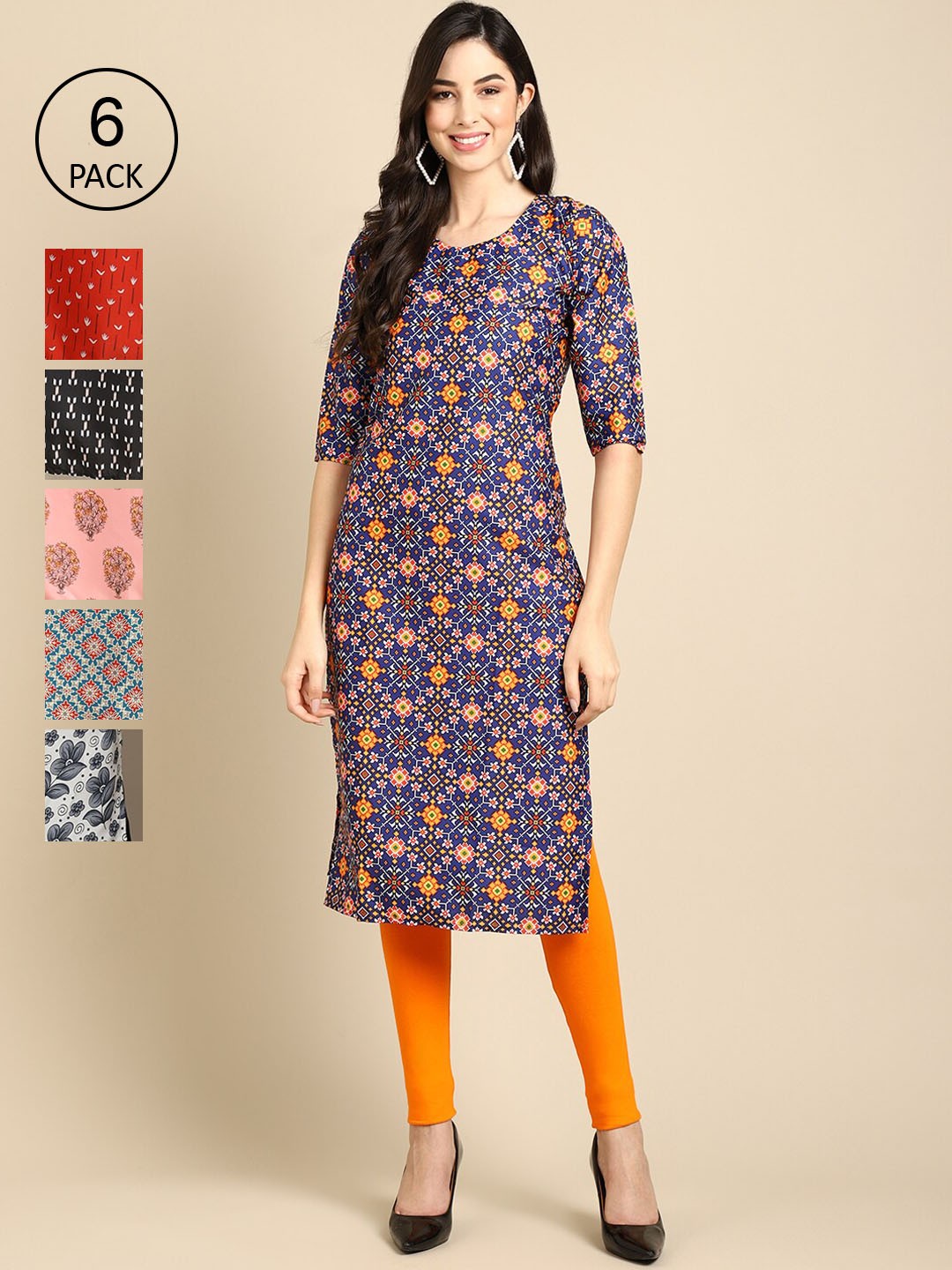 7Threads Women Set Of 6 Geometric Printed Round Neck Summer Sheers Crepe Kurta, Multi