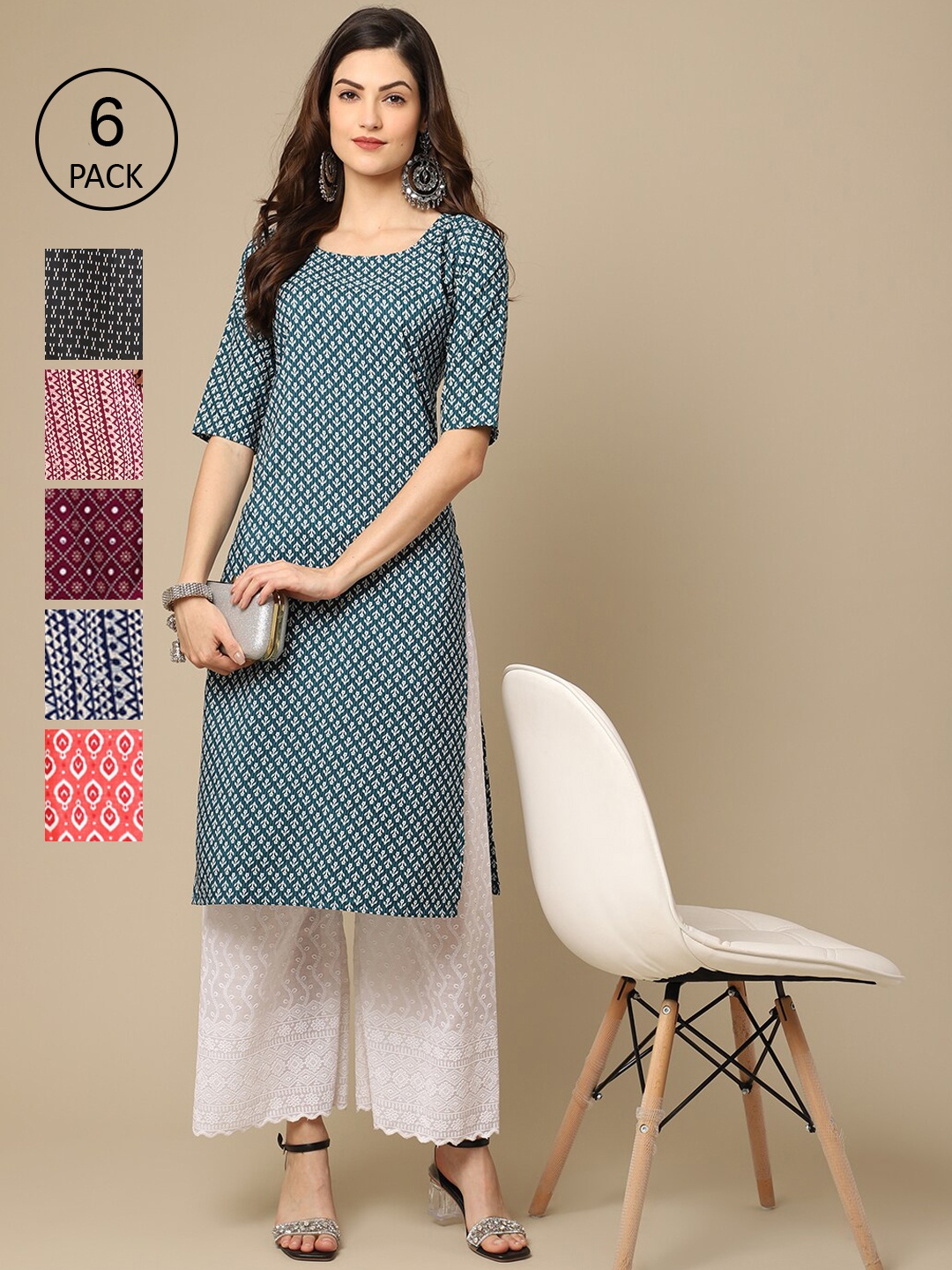 

7Threads Women Pack of 6 Digital Printed Crepe Straight Kurtas, Maroon
