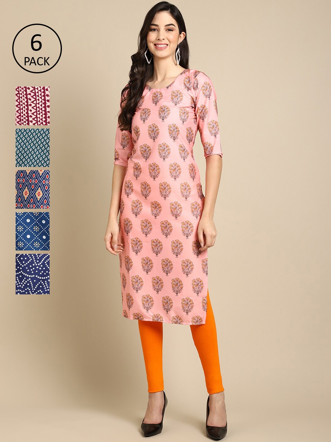 

7Threads Women Pack Of 6 Geometric Printed Thread Work Summer Sheers Crepe Kurta, Blue
