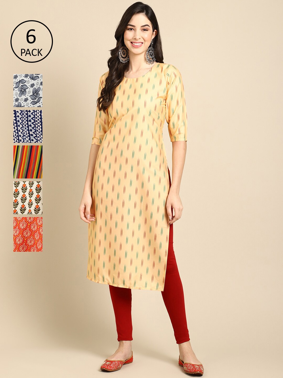 7Threads Women Pack Of 6 Floral Printed Thread Work Summer Sheers Crepe Kurta, Blue