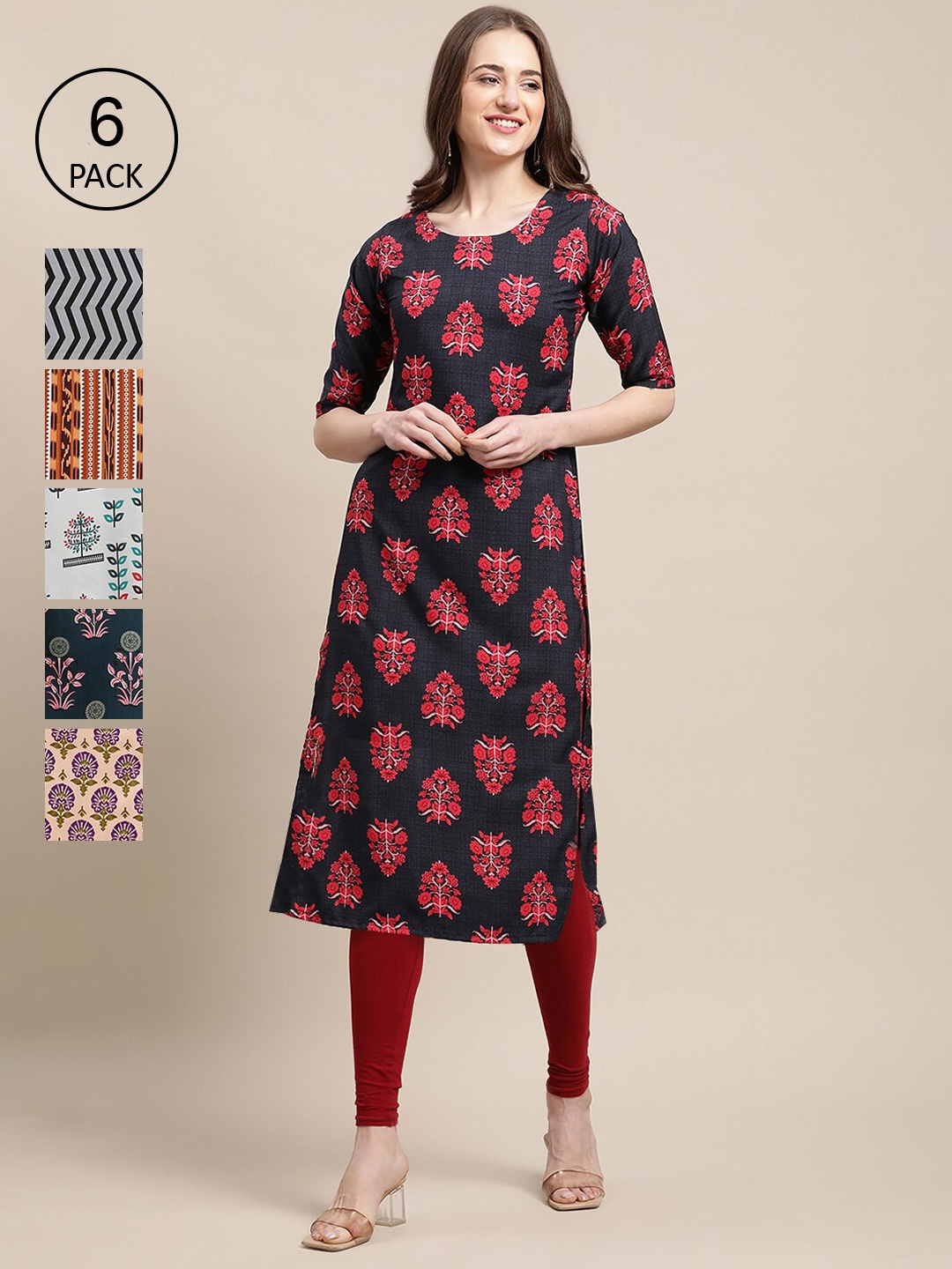 

7Threads Women Multicoloured Pack Of 6 Ethnic Motifs Printed Crepe Kurta, Multi