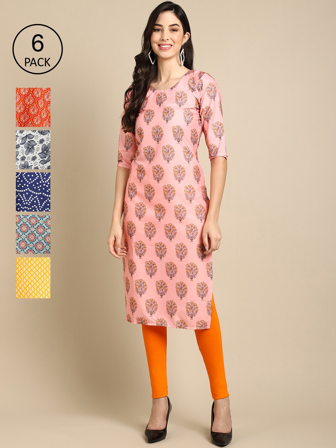 

7Threads Women Multicoloured Pack Of 6 Floral Printed Crepe Kurta, Multi