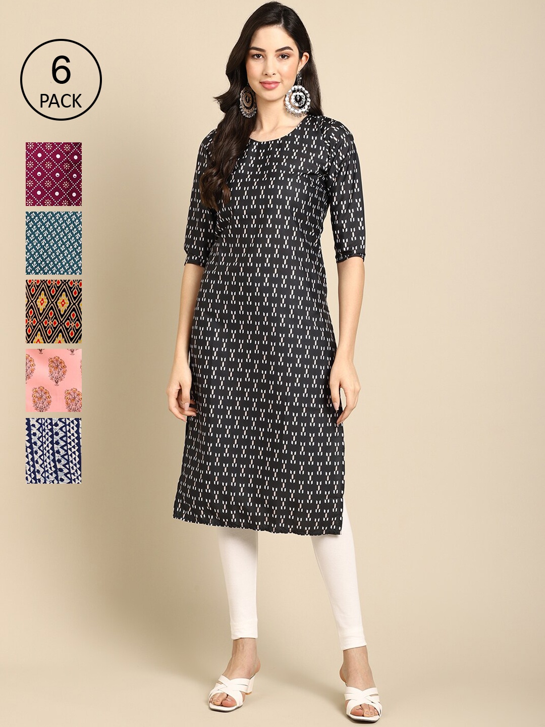 

7Threads Women Pack Of 6 Printed Summer Sheers Crepe Kurta, Black