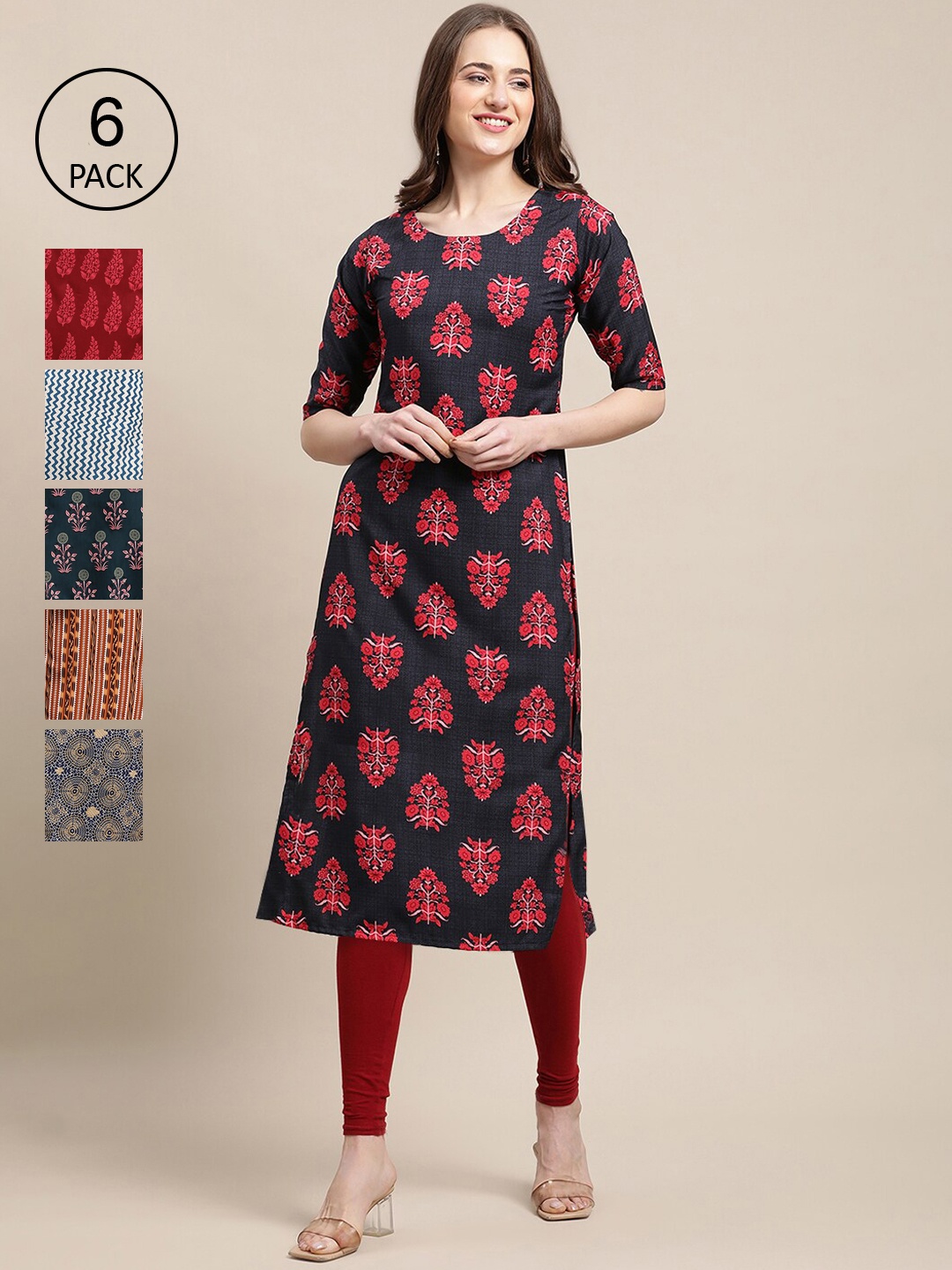 

7Threads Women Pack Of 6 Ethnic Motifs Printed Crepe Kurta, Maroon