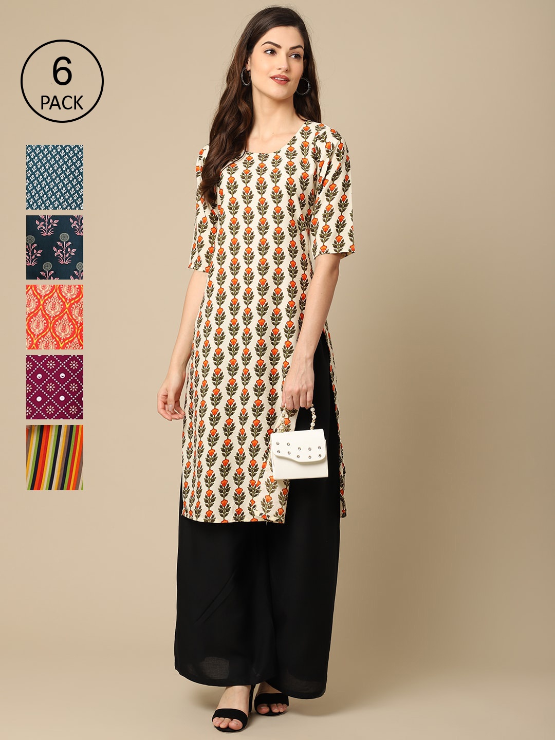 

7Threads Women Pack of 6 Ethnic Motifs Printed Crepe Kurta, Multi