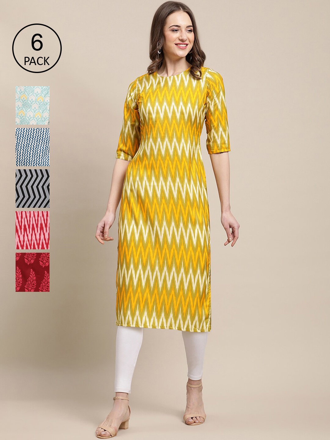 

7Threads Women Pack of 6 Geometric Printed Crepe Kurta, Multi