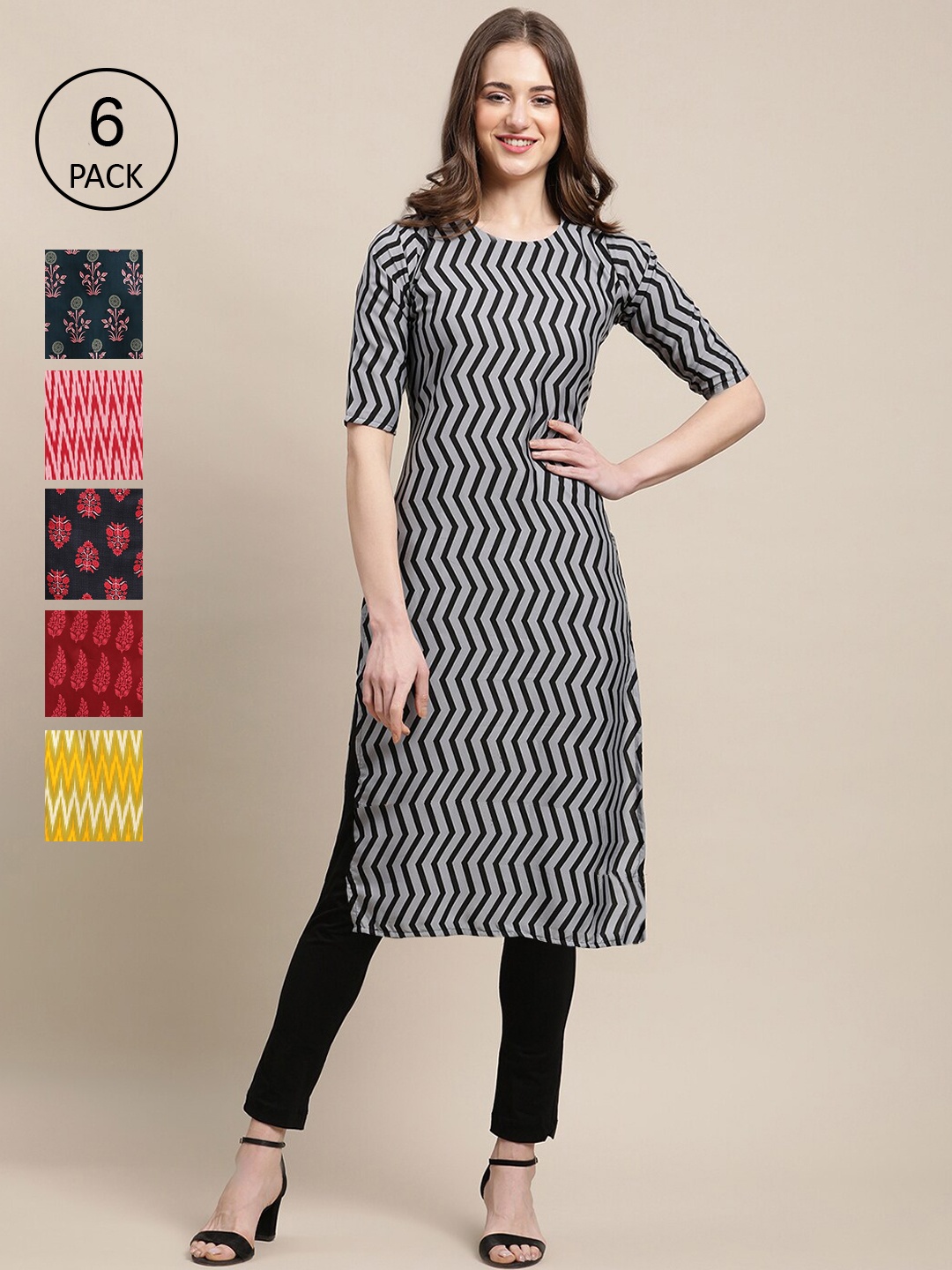 7Threads Pack Of 6 Women Printed Crepe Kurta, Black