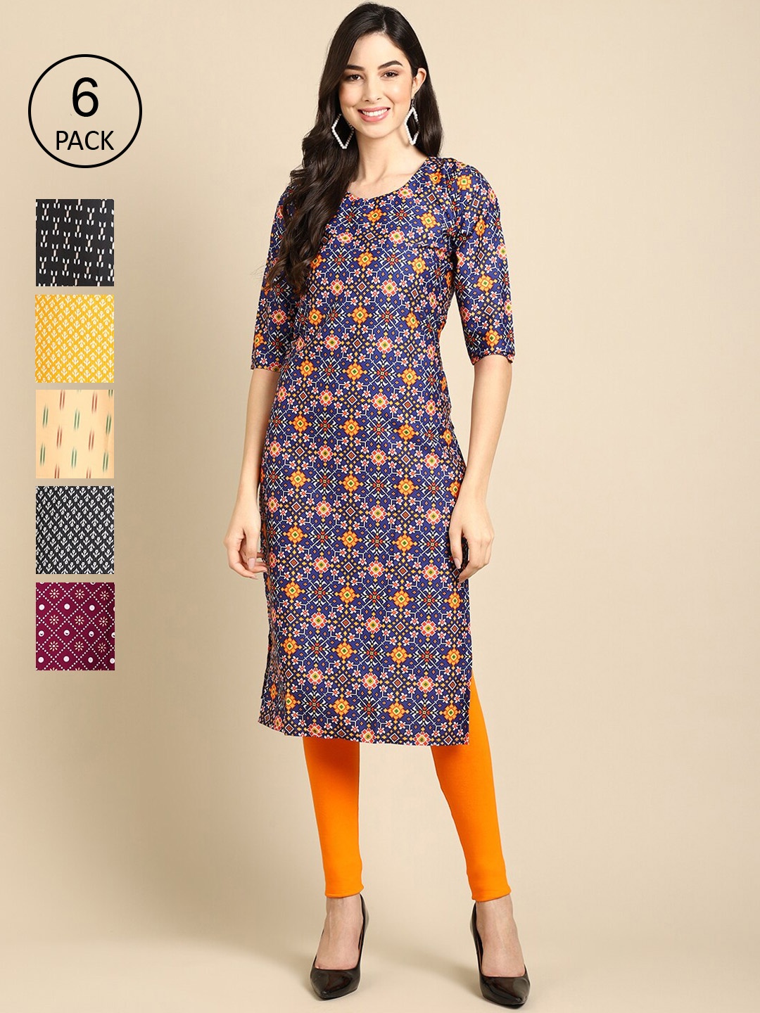 

7Threads Pack Of 6 Women Printed Crepe Kurta, Blue