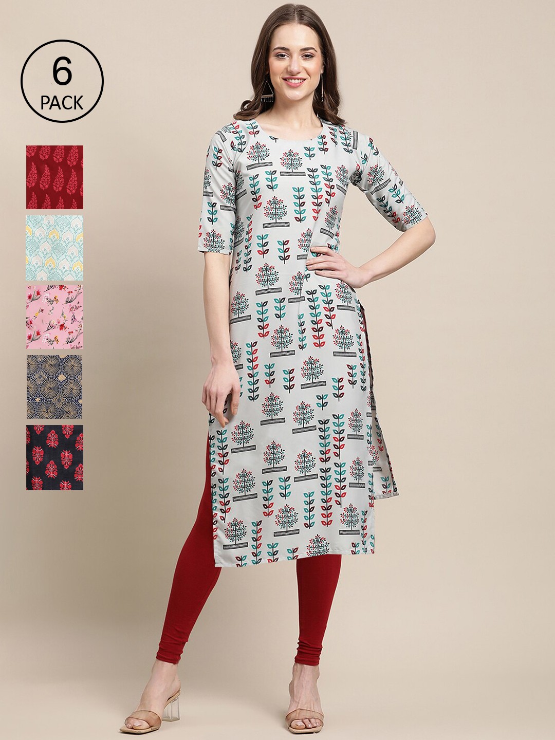 

7Threads Women Pack Of 6 Ethnic Motifs Printed Crepe Kurta, White