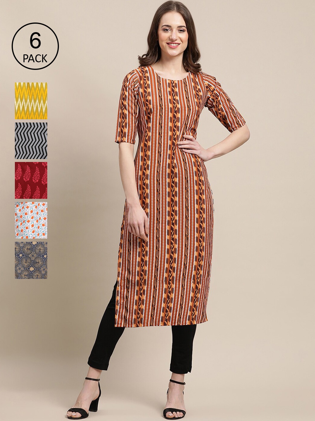 

7Threads Women Pack Of 6 Multicoloured Ethnic Motifs Printed Crepe Kurta, Multi