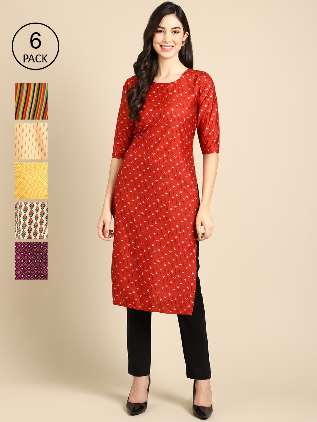 

7Threads Women Pack of 6 Digital Printed Straight Kurta, Red