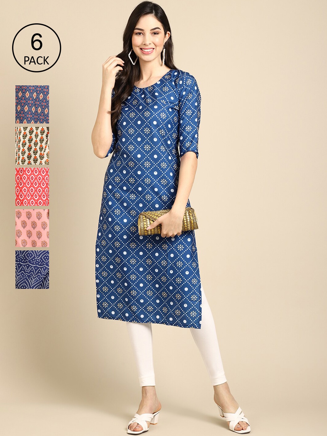 

7Threads Women Set Of 6 Geometric Printed Round Neck Summer Sheers Crepe Kurta, Multi