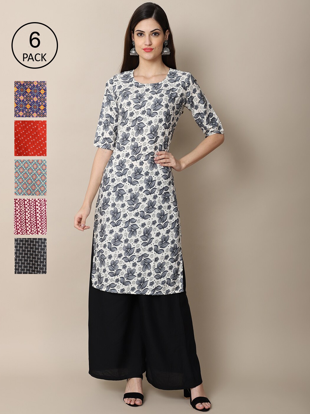 7Threads Women Pack of 6 Printed Summer Sheers Crepe Kurta, Grey
