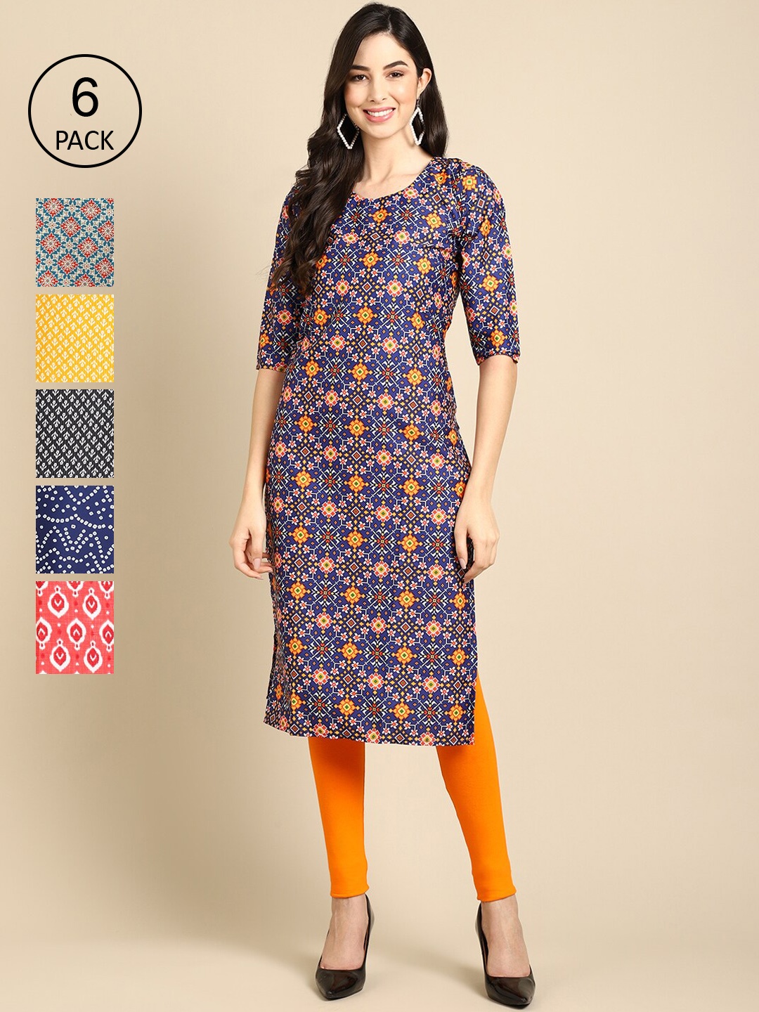 

7Threads Women Pack Of 6 Printed Summer Sheers Crepe Kurta, Yellow