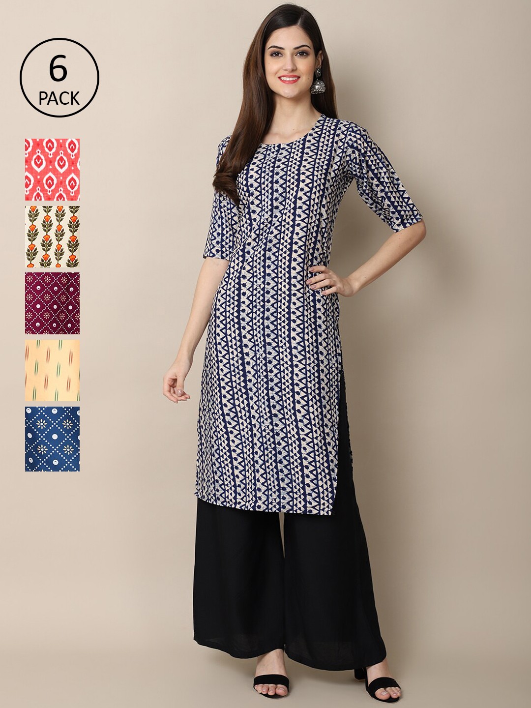 

7Threads Women Pack Of 6 Printed Summer Sheers Crepe Kurta, Red