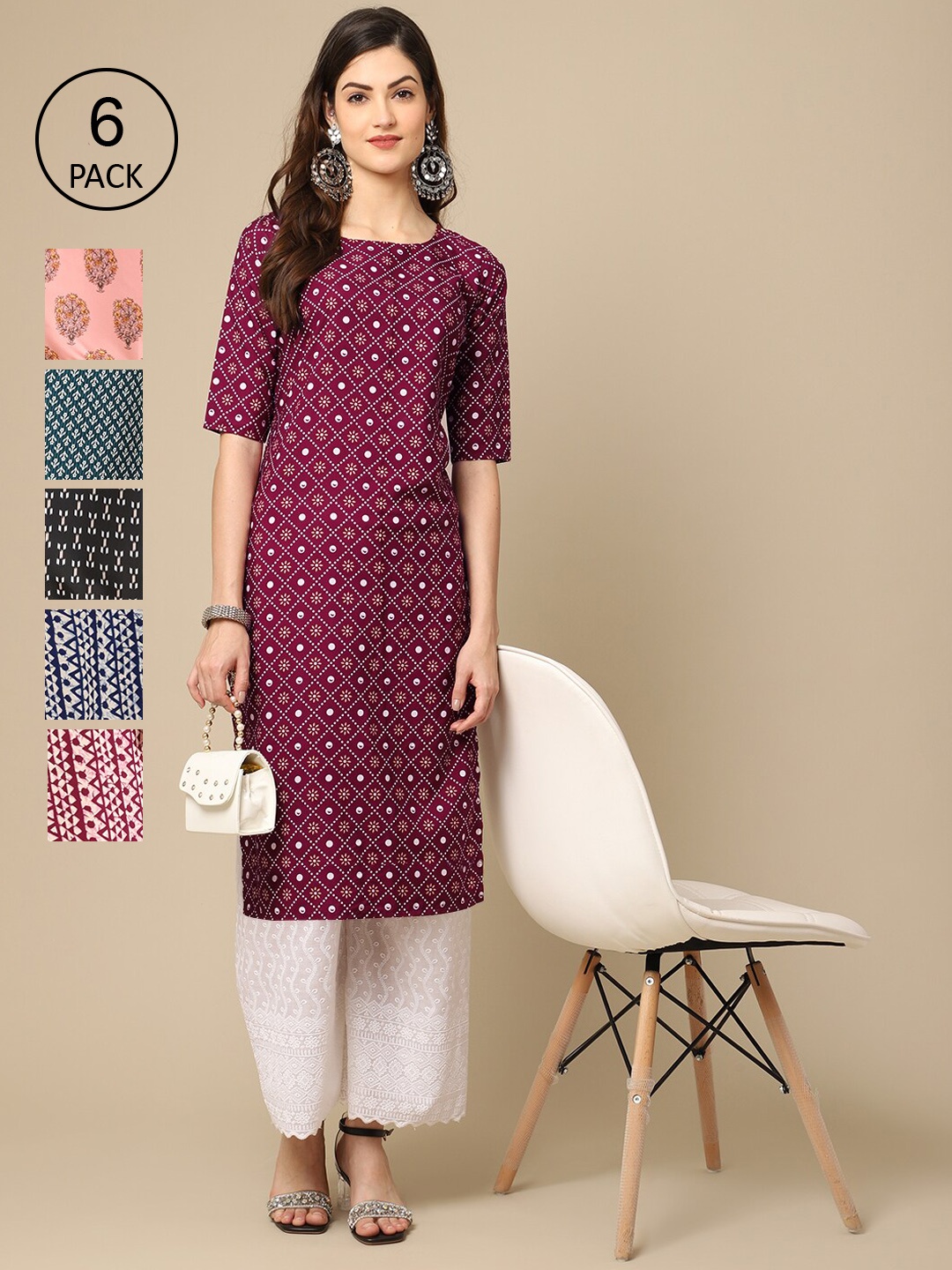 

7Threads Women Pack Of 6 Geometric Printed Block Print Crepe Kurta, Maroon