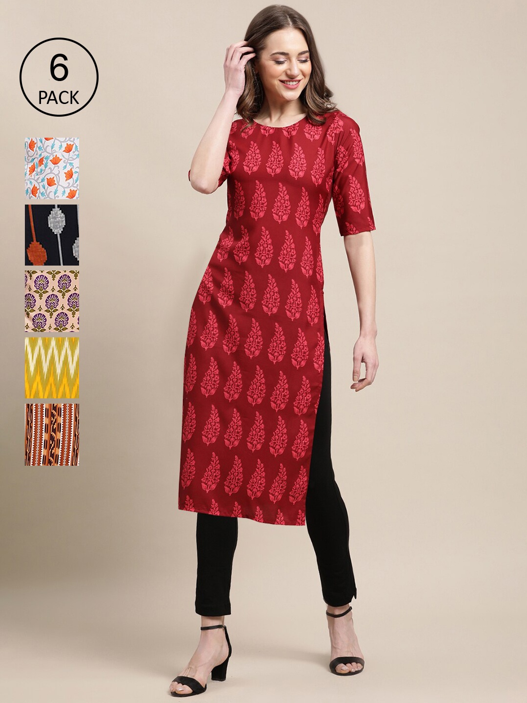

7Threads Women Pack Of 6 Geometric Printed Block Print Crepe Kurta, Red