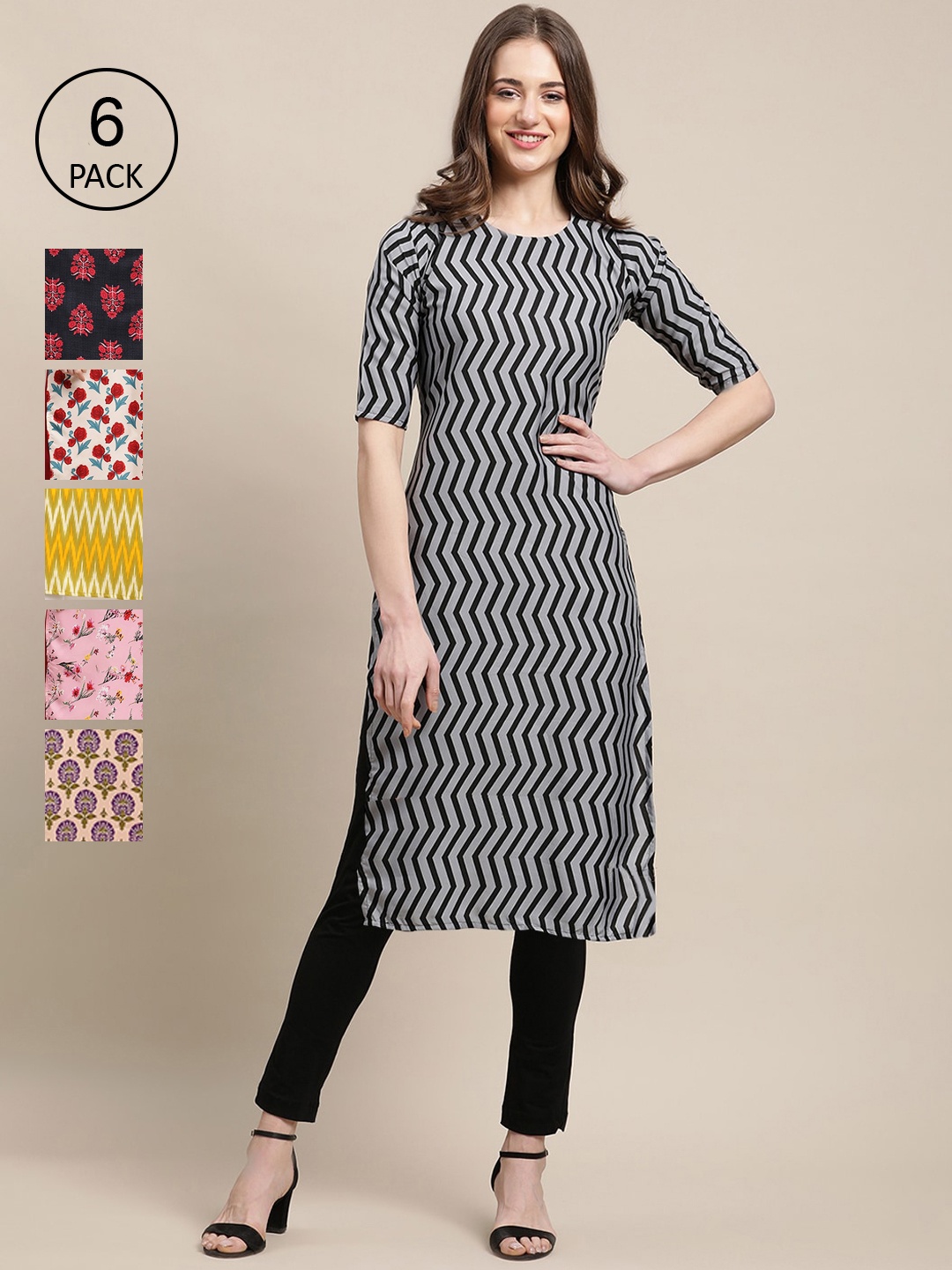 

7Threads Women Black & Red Geometric Printed Block Print Crepe Kurta