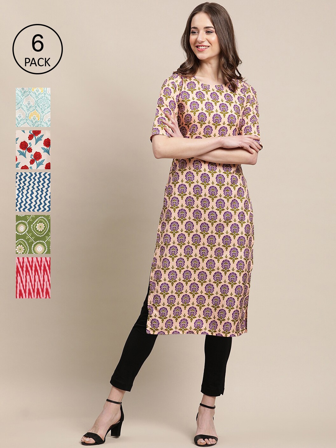 

7Threads Women Peach-Coloured & Blue Floral Printed Crepe Kurtas